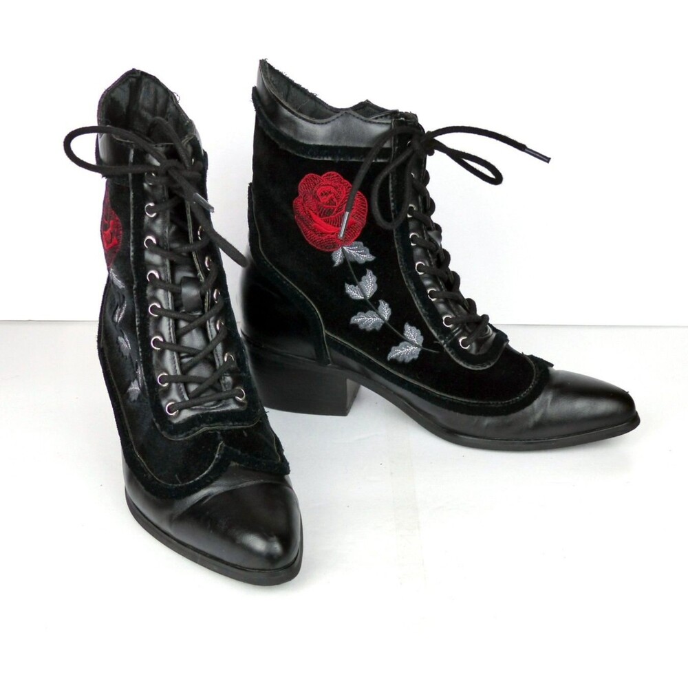 Anarchic TUK Boots Rose Embroidered Victorian 9 Black Faux Leather Velour Goth